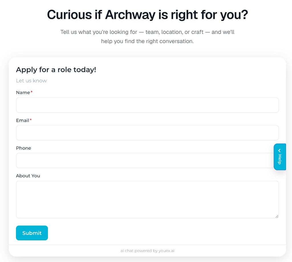 A Form Concierge embedded in a page, with the Help handle on the right edge