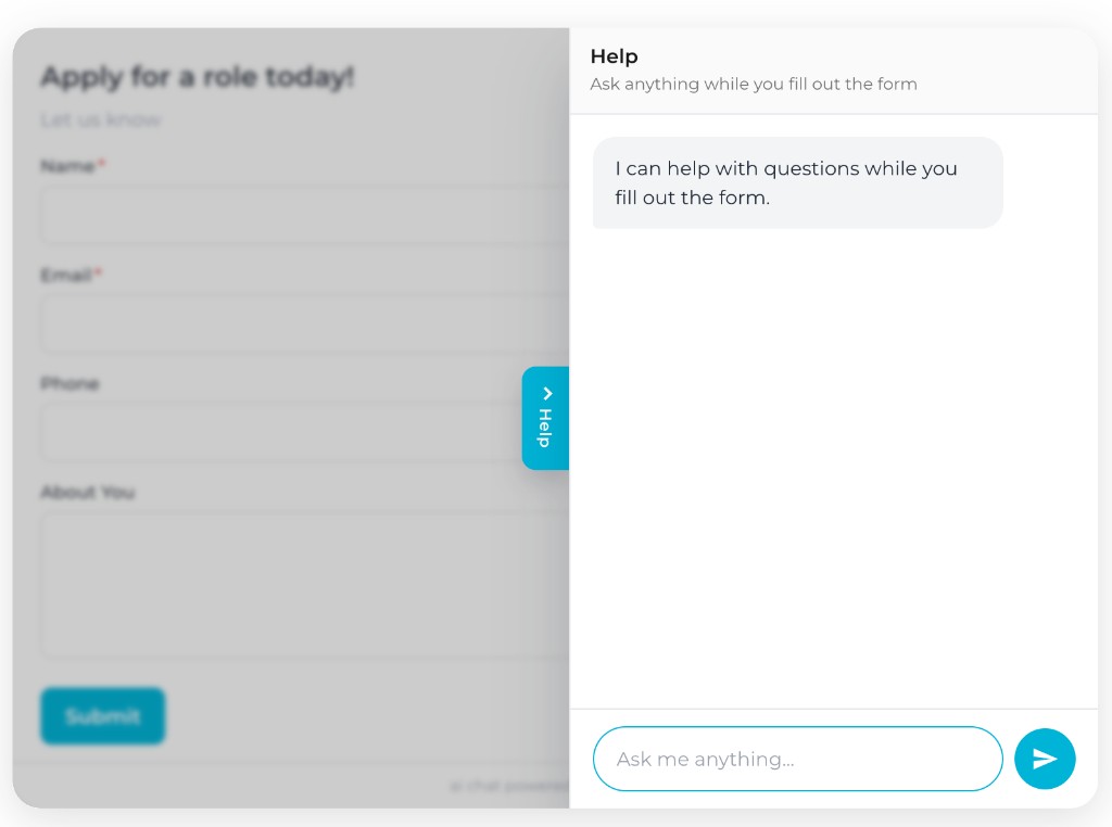 The Help drawer open over the form, with the form dimmed but still visible behind it